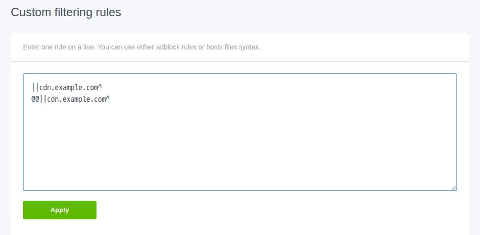 Filters → Custom filtering rules: @@||cdn.example.com^ is added beneath the demo blocking rule