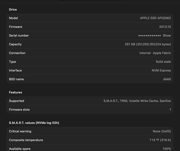 oDisk's Details page for an Apple SSD: model, firmware, connection and the raw S.M.A.R.T. values from NVMe log 02h