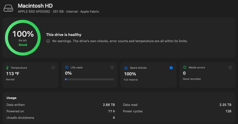 oDisk's Health page for the same Mac: Good, 100% life left, temperature, life used, spare blocks and media errors