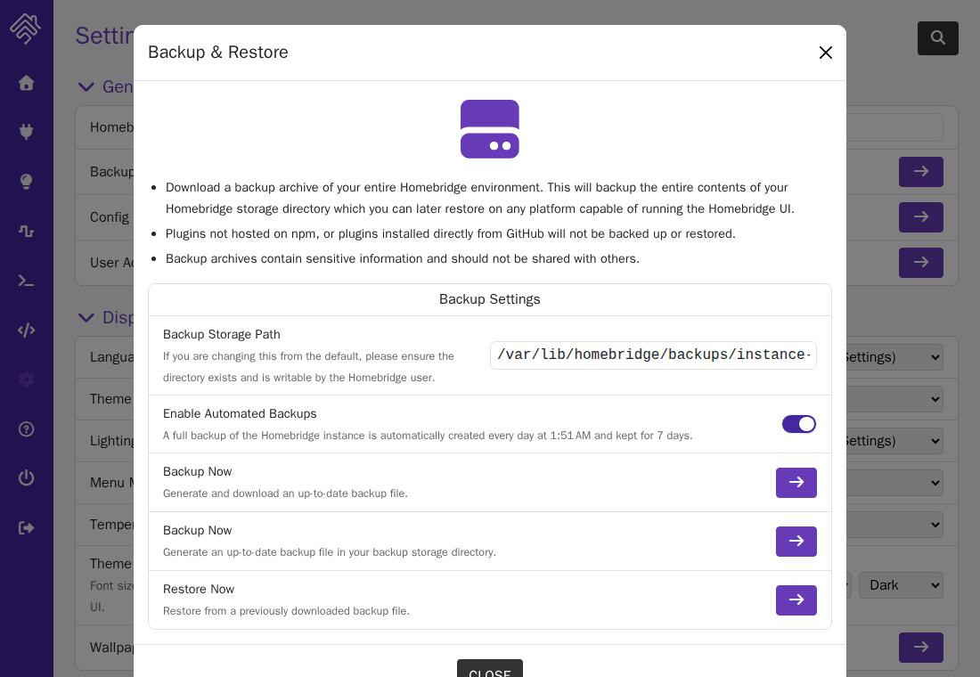 Homebridge Backup & Restore: Backup Now, Restore Now, and the warning about plugins not hosted on npm
