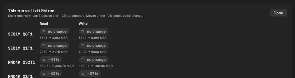 Step 6: two runs compared, showing "no change" or a percentage drop for each read and write result